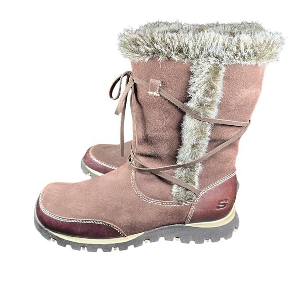 Skechers Suede Leather Brown Faux Fur Lining Zipper Lug sole Boots US Womens 8 - Picture 4 of 9